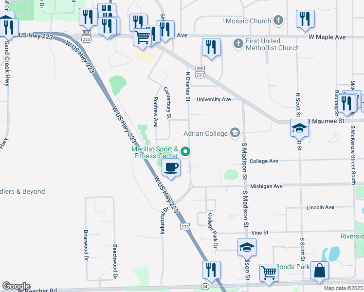 map of restaurants, bars, coffee shops, grocery stores, and more near 146 South Charles Street in Adrian