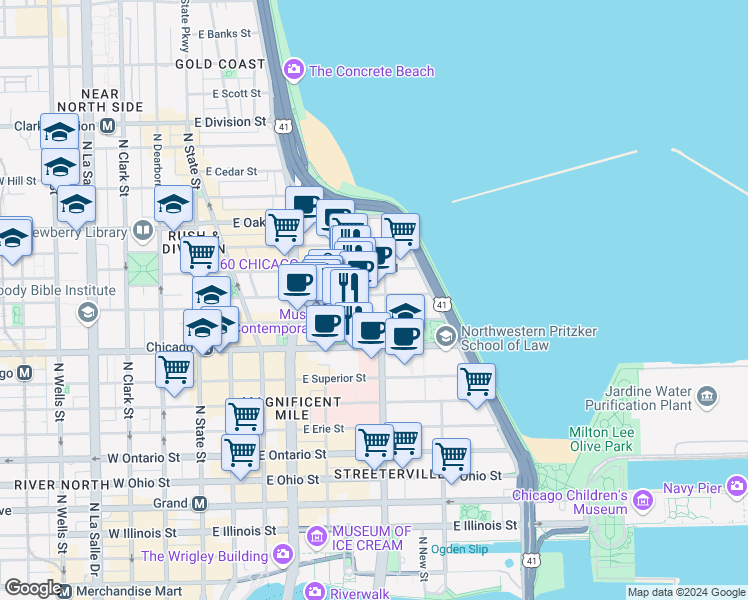 map of restaurants, bars, coffee shops, grocery stores, and more near 222 East Pearson Street in Chicago