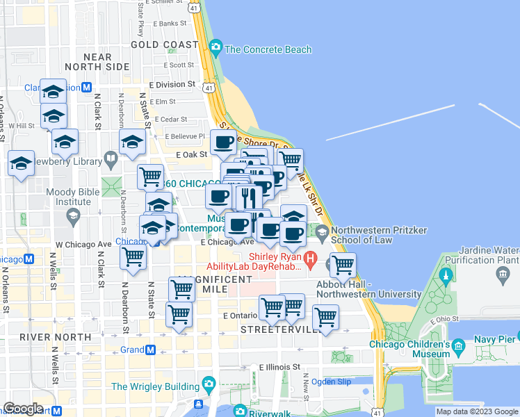 map of restaurants, bars, coffee shops, grocery stores, and more near 222 East Pearson Street in Chicago