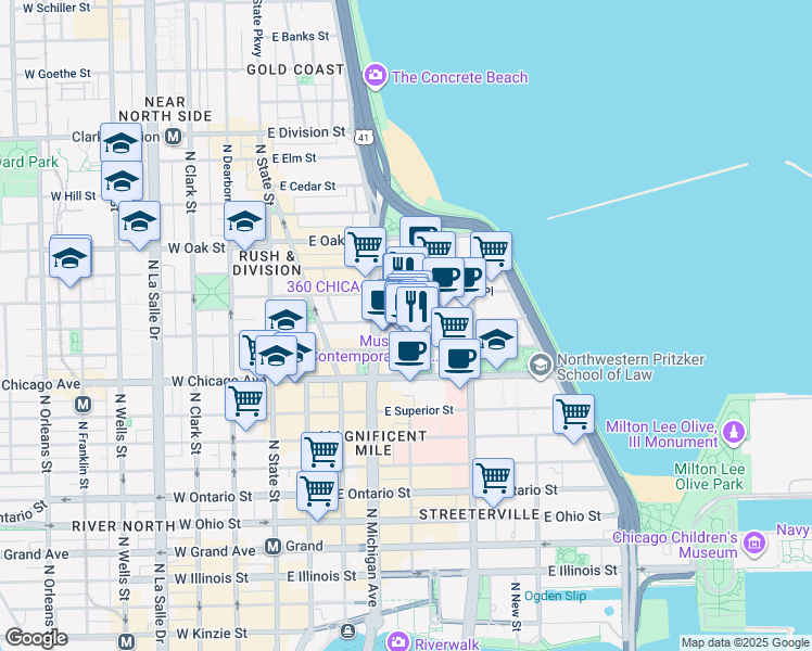 map of restaurants, bars, coffee shops, grocery stores, and more near 811 North Michigan Avenue in Chicago
