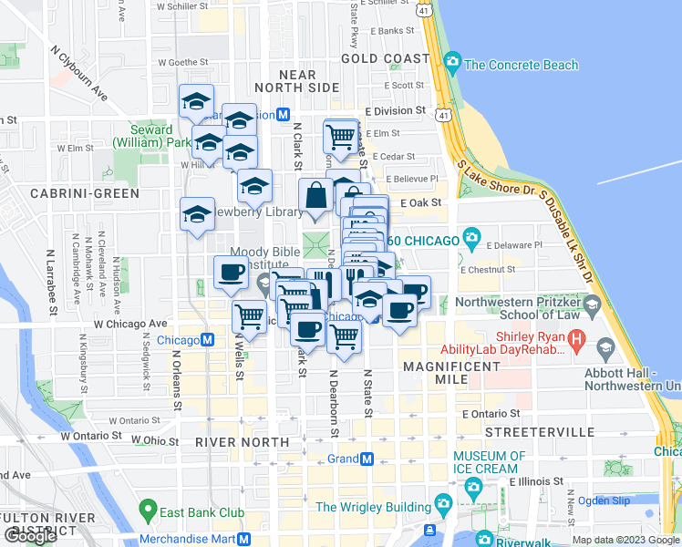 map of restaurants, bars, coffee shops, grocery stores, and more near 55 West Chestnut Street in Chicago