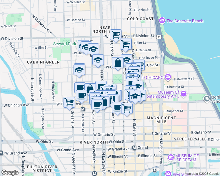 map of restaurants, bars, coffee shops, grocery stores, and more near 103 West Chestnut Street in Chicago