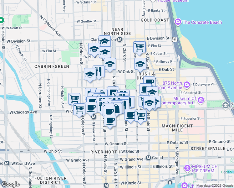 map of restaurants, bars, coffee shops, grocery stores, and more near 840 North LaSalle Drive in Chicago