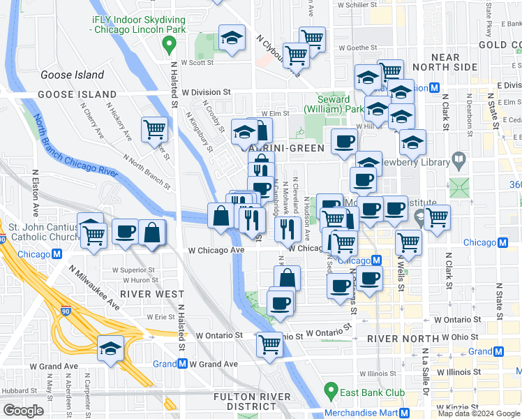 map of restaurants, bars, coffee shops, grocery stores, and more near 848 North Larrabee Street in Chicago