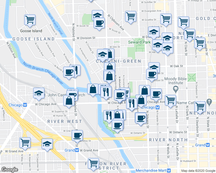 map of restaurants, bars, coffee shops, grocery stores, and more near 848 North Larrabee Street in Chicago