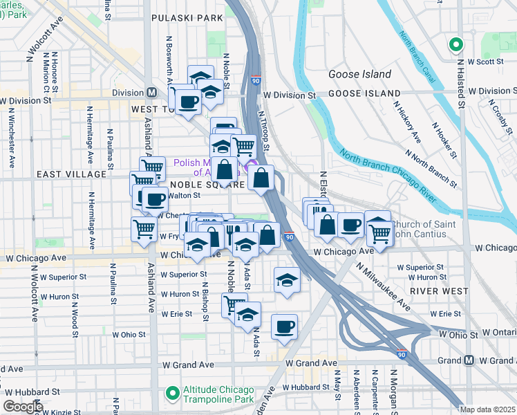 map of restaurants, bars, coffee shops, grocery stores, and more near 1302 West Chestnut Street in Chicago