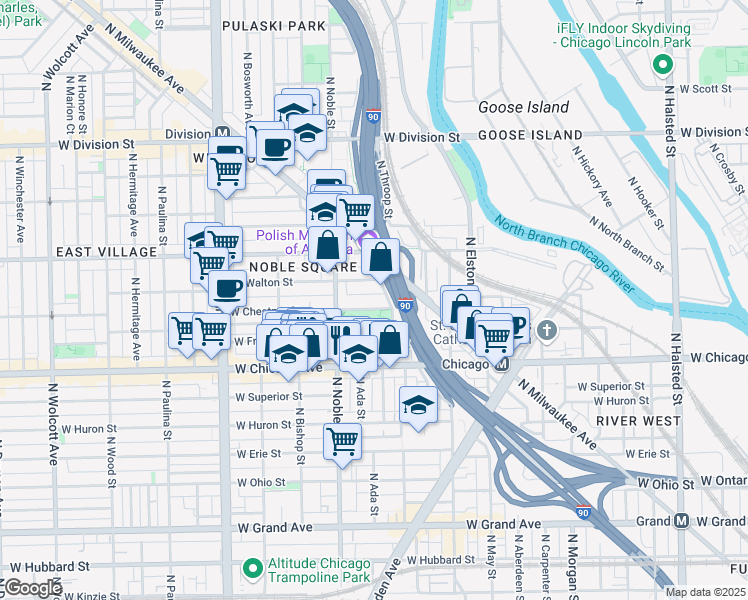 map of restaurants, bars, coffee shops, grocery stores, and more near 1357 West Chestnut Street in Chicago