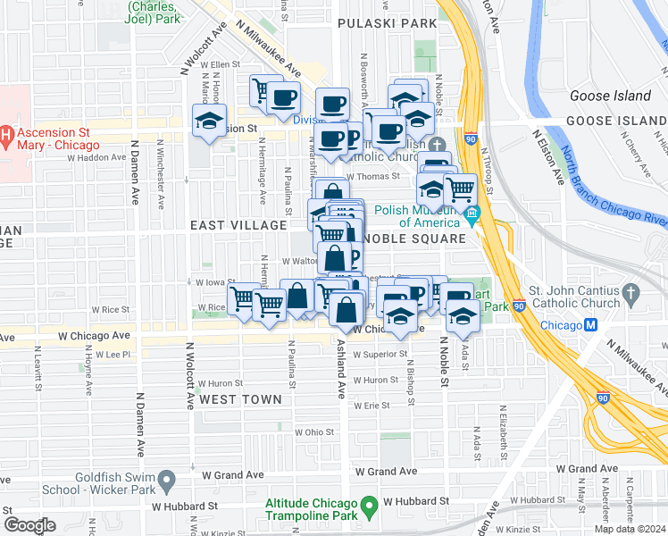 map of restaurants, bars, coffee shops, grocery stores, and more near 902 North Ashland Avenue in Chicago