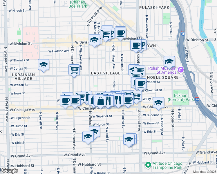 map of restaurants, bars, coffee shops, grocery stores, and more near 903 North Wood Street in Chicago