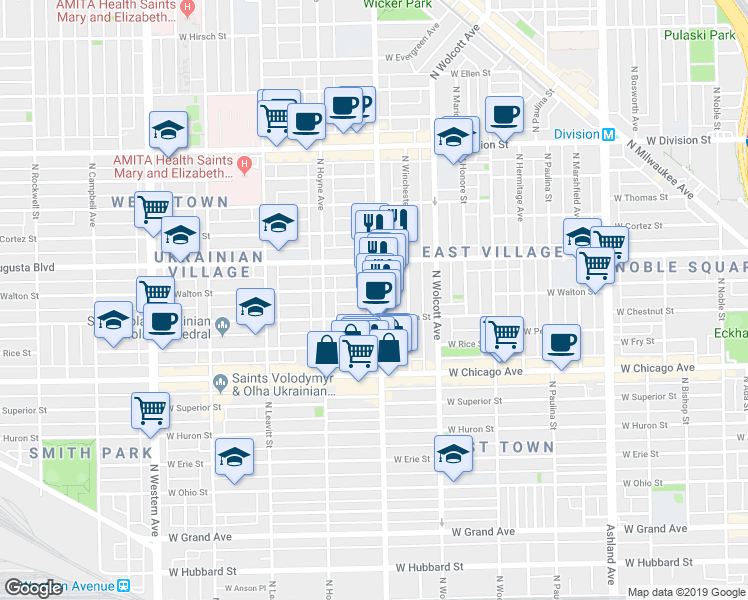 map of restaurants, bars, coffee shops, grocery stores, and more near 2024 West Iowa Street in Chicago