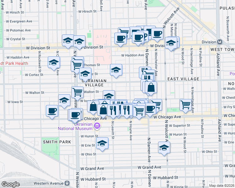 map of restaurants, bars, coffee shops, grocery stores, and more near 2134 West Iowa Street in Chicago