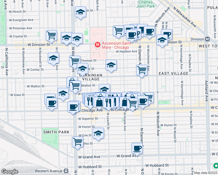 map of restaurants, bars, coffee shops, grocery stores, and more near in Chicago