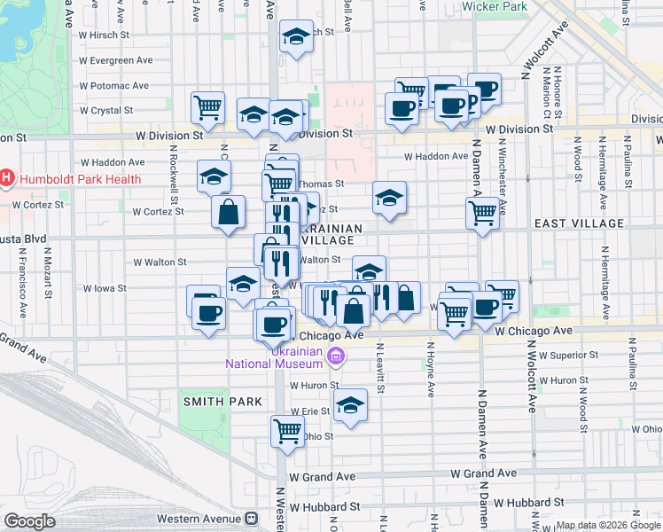 map of restaurants, bars, coffee shops, grocery stores, and more near 2248 West Iowa Street in Chicago