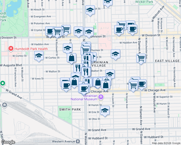 map of restaurants, bars, coffee shops, grocery stores, and more near 2324 West Iowa Street in Chicago