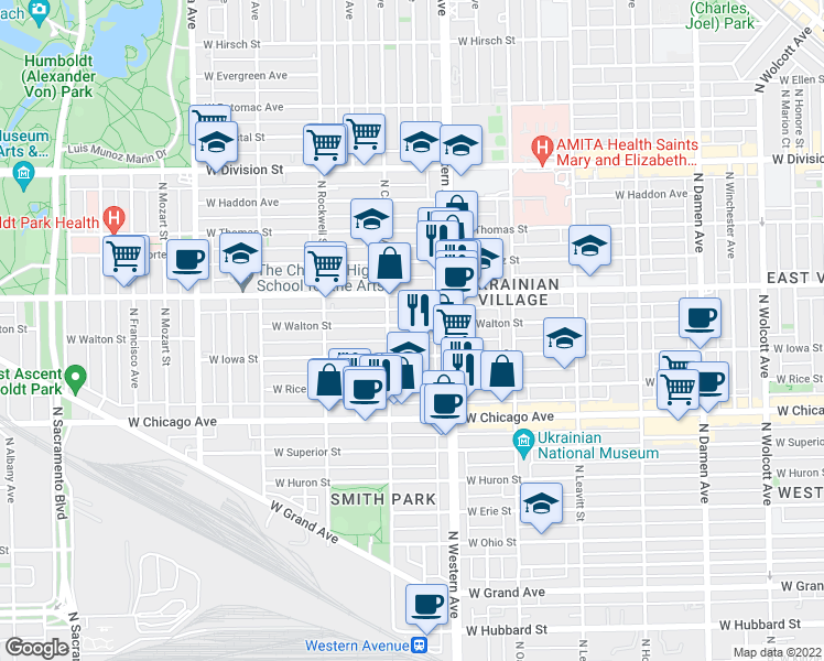 map of restaurants, bars, coffee shops, grocery stores, and more near 2432 West Iowa Street in Chicago