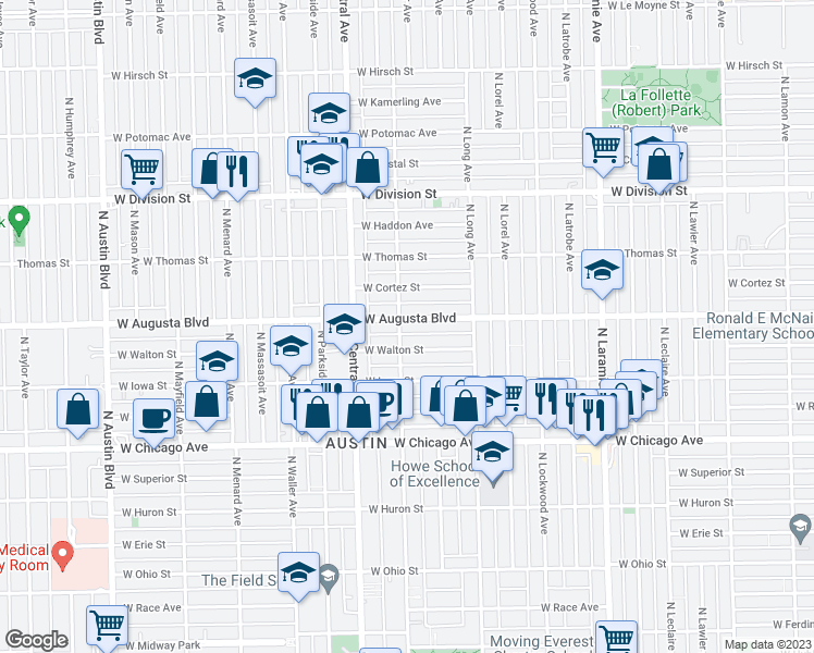 map of restaurants, bars, coffee shops, grocery stores, and more near 939 North Pine Avenue in Chicago