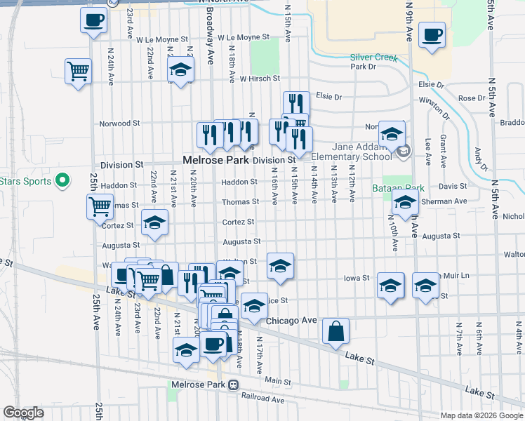 map of restaurants, bars, coffee shops, grocery stores, and more near 1200 North 16th Avenue in Melrose Park