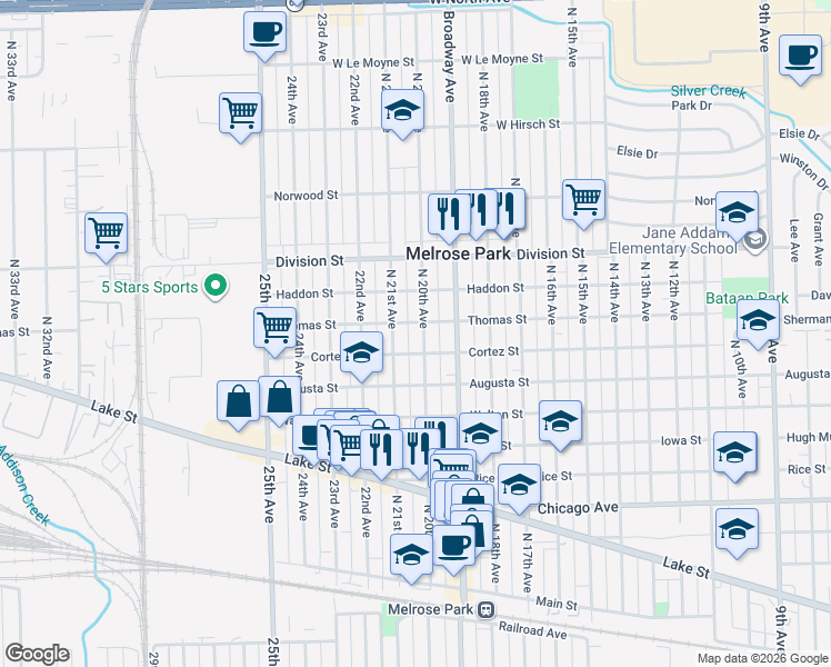 map of restaurants, bars, coffee shops, grocery stores, and more near 1207 North 20th Avenue in Melrose Park