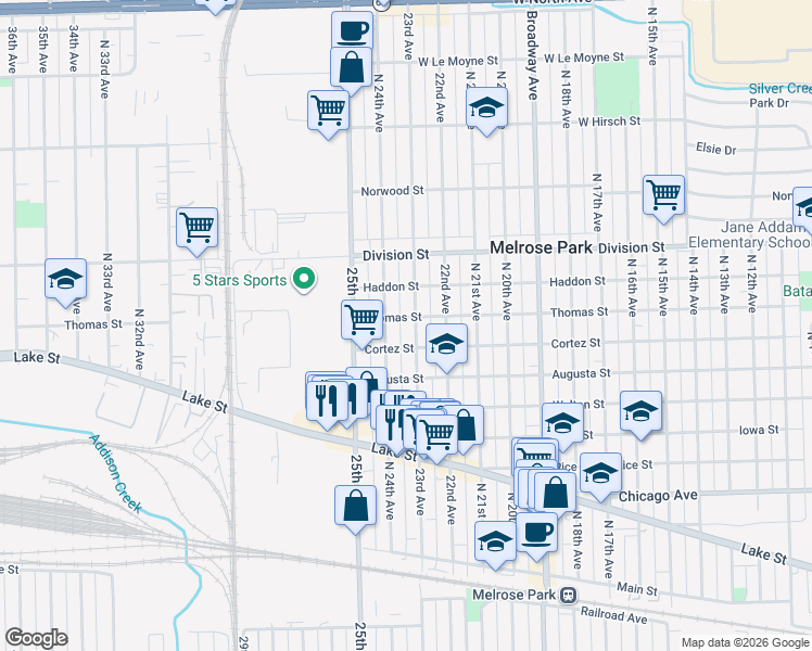 map of restaurants, bars, coffee shops, grocery stores, and more near 1203 North 24th Avenue in Melrose Park