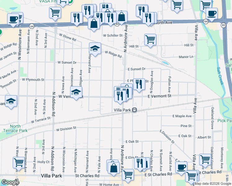 map of restaurants, bars, coffee shops, grocery stores, and more near 16 West Vermont Street in Villa Park