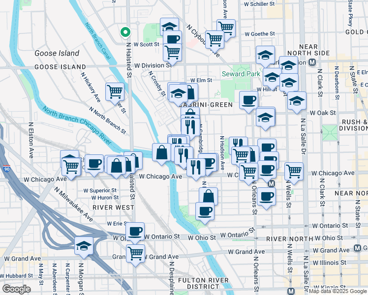 map of restaurants, bars, coffee shops, grocery stores, and more near 858 North Larrabee Street in Chicago