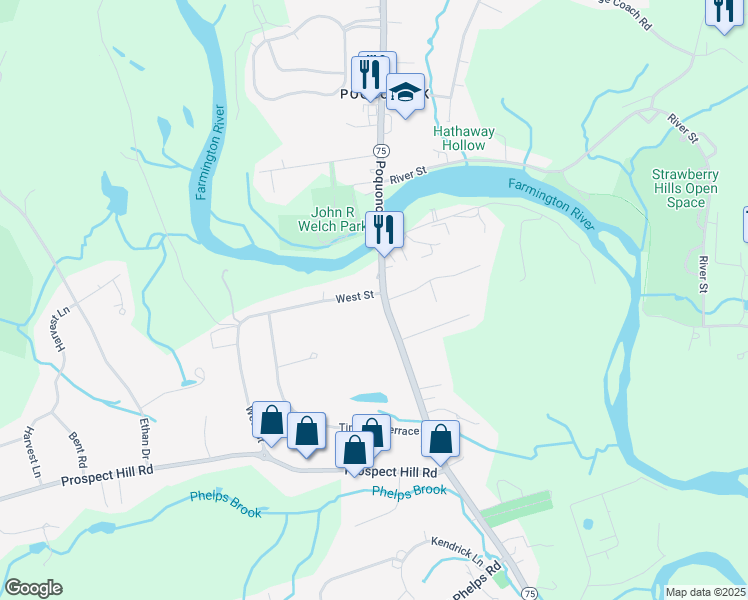 map of restaurants, bars, coffee shops, grocery stores, and more near 1575 Poquonock Avenue in Windsor