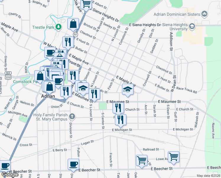 map of restaurants, bars, coffee shops, grocery stores, and more near 214 Finch Street in Adrian