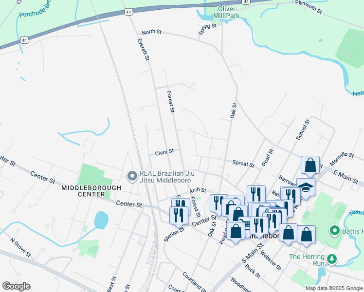 map of restaurants, bars, coffee shops, grocery stores, and more near 45 Forest Street in Middleborough