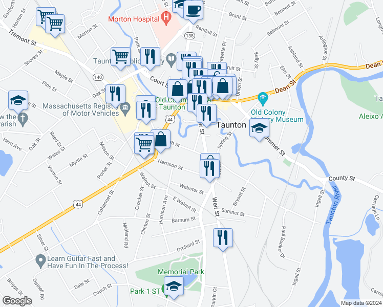 map of restaurants, bars, coffee shops, grocery stores, and more near 147 High Street in Taunton