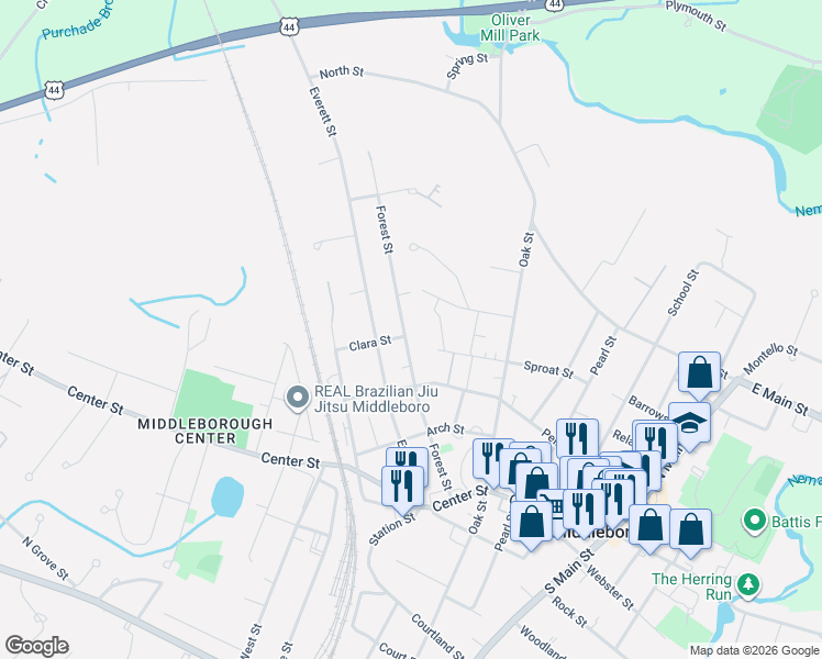 map of restaurants, bars, coffee shops, grocery stores, and more near 45 Forest Street in Middleborough