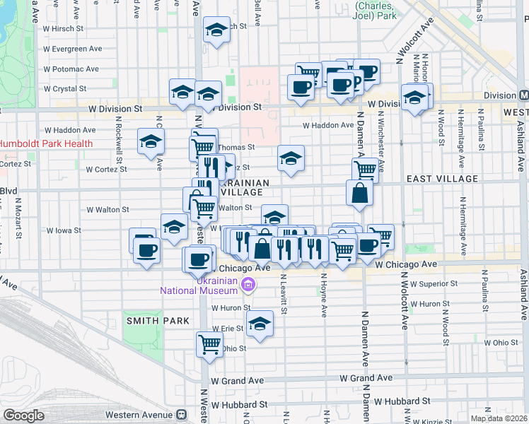 map of restaurants, bars, coffee shops, grocery stores, and more near 2225 West Walton Street in Chicago