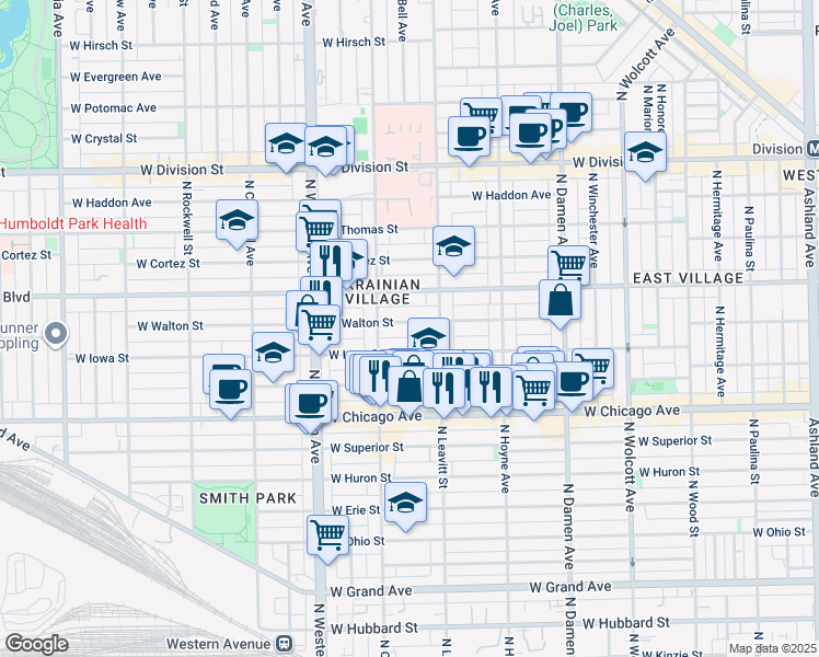 map of restaurants, bars, coffee shops, grocery stores, and more near 2208 West Iowa Street in Chicago