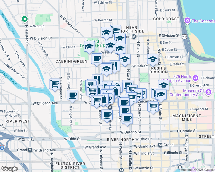 map of restaurants, bars, coffee shops, grocery stores, and more near 858 North Franklin Street in Chicago