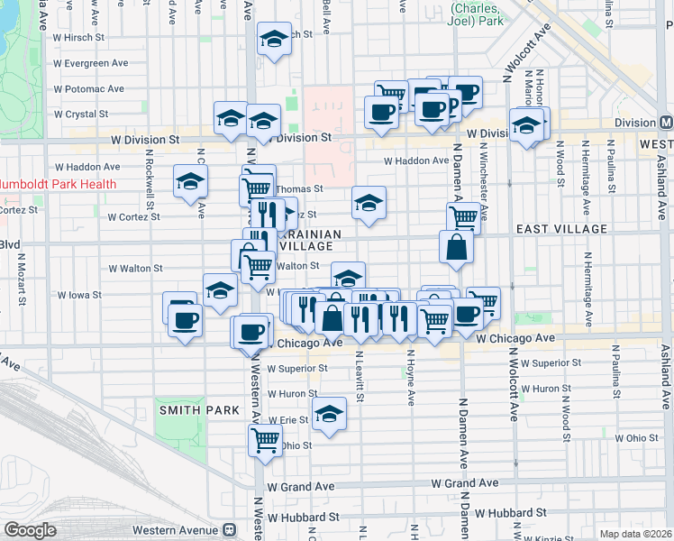 map of restaurants, bars, coffee shops, grocery stores, and more near 2208 West Iowa Street in Chicago