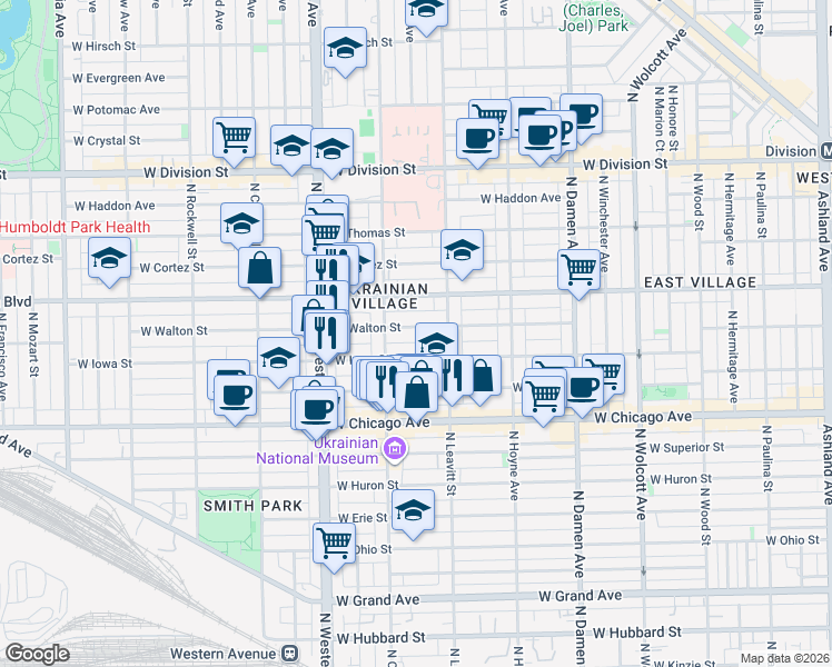 map of restaurants, bars, coffee shops, grocery stores, and more near 2231 West Walton Street in Chicago