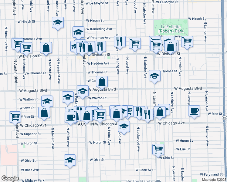 map of restaurants, bars, coffee shops, grocery stores, and more near 5430 West Walton Street in Chicago