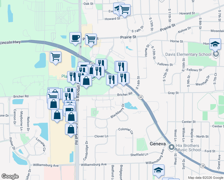 map of restaurants, bars, coffee shops, grocery stores, and more near 1950 Vanderbilt Drive in St. Charles