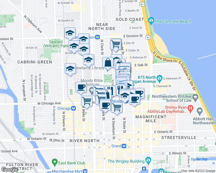map of restaurants, bars, coffee shops, grocery stores, and more near 55 West Chestnut Street in Chicago