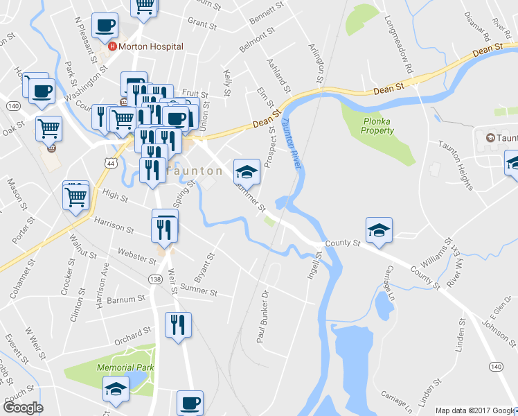 map of restaurants, bars, coffee shops, grocery stores, and more near 71 Summer Street in Taunton