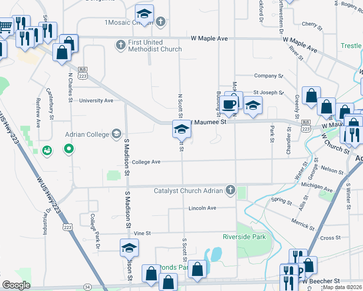 map of restaurants, bars, coffee shops, grocery stores, and more near 158 South Scott Street in Adrian