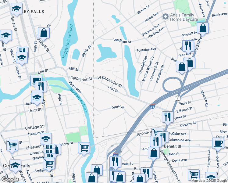 map of restaurants, bars, coffee shops, grocery stores, and more near 38 Lord Street in Attleboro