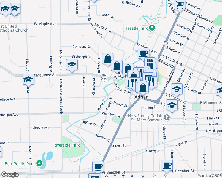 map of restaurants, bars, coffee shops, grocery stores, and more near 431 College Avenue in Adrian