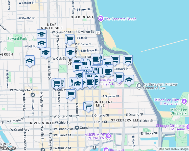 map of restaurants, bars, coffee shops, grocery stores, and more near 835 North Rush Street in Chicago