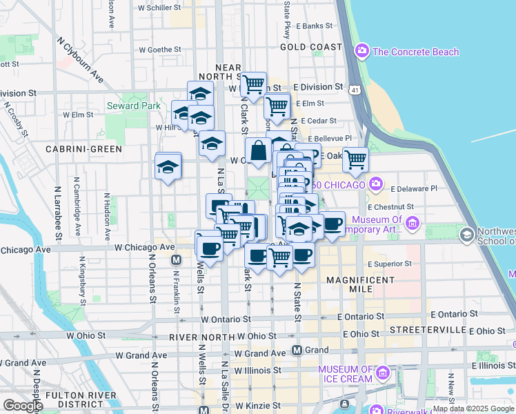 map of restaurants, bars, coffee shops, grocery stores, and more near 55 West Chestnut Street in Chicago