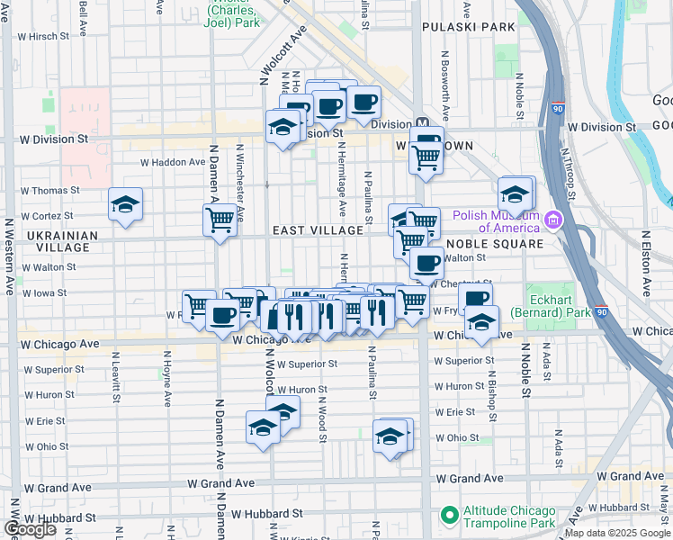 map of restaurants, bars, coffee shops, grocery stores, and more near 903 North Wood Street in Chicago