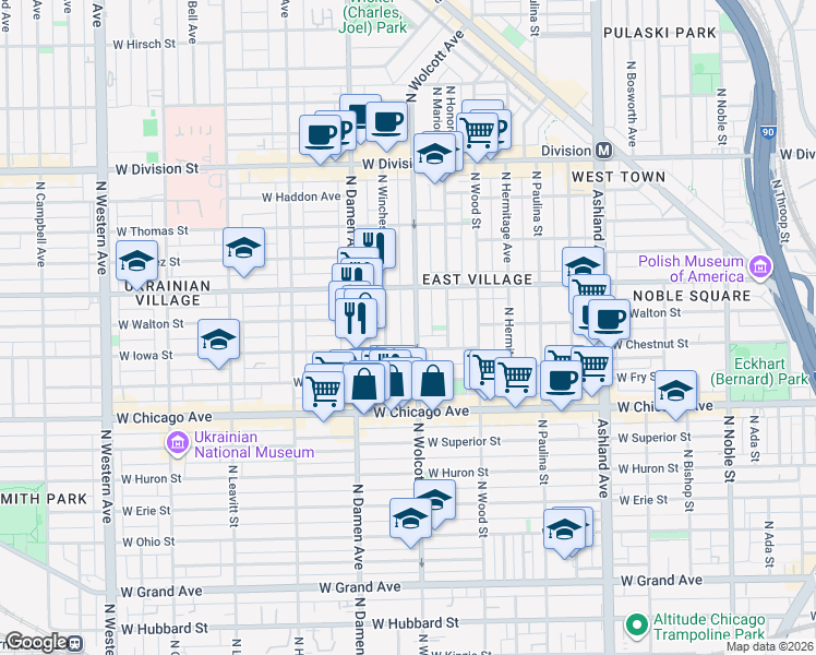 map of restaurants, bars, coffee shops, grocery stores, and more near 902 North Wolcott Avenue in Chicago