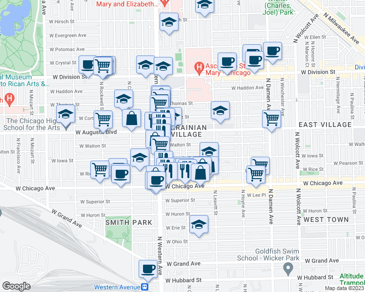 map of restaurants, bars, coffee shops, grocery stores, and more near 2324 West Iowa Street in Chicago