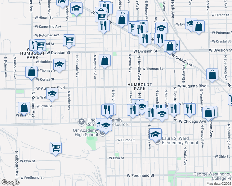map of restaurants, bars, coffee shops, grocery stores, and more near 927 North Harding Avenue in Chicago
