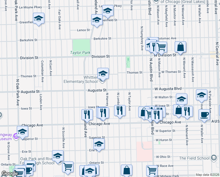 map of restaurants, bars, coffee shops, grocery stores, and more near 642 North Harvey Avenue in Oak Park