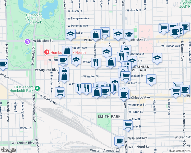map of restaurants, bars, coffee shops, grocery stores, and more near N Rockwell St & W Walton St in Chicago
